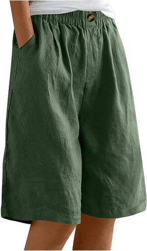 TANGNADE Bermuda Shorts for Women Knee Length Summer Elastic Waist Wide Leg Casual Beach Linen Long Shorts with Pockets in Kuwait