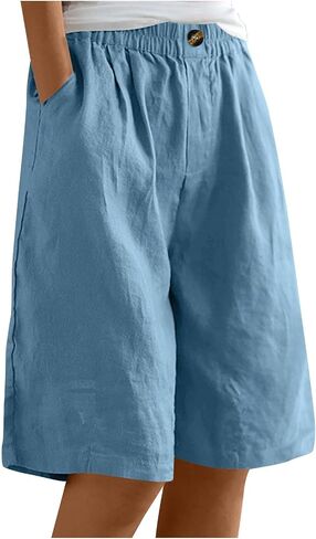 TANGNADE Bermuda Shorts for Women Knee Length Summer Elastic Waist Wide Leg Casual Beach Linen Long Shorts with Pockets in Kuwait
