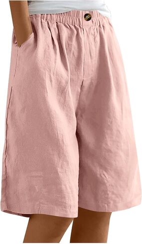 TANGNADE Bermuda Shorts for Women Knee Length Summer Elastic Waist Wide Leg Casual Beach Linen Long Shorts with Pockets in Kuwait