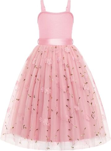 Arshiner Flower Girls Dress Spaghetti Strap Formal Wedding Pageant Party Tulle Long Dresses with Belt in Kuwait