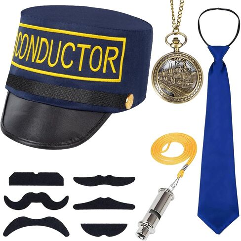 Train Conductor Costume Set with Conductor Hat Pocket Watch Whistle Mustaches,Christmas Express Costume Accessories for Adults/Kids Party Dress Up in Saudi Arabia