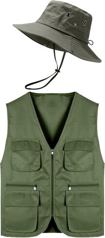 2Pcs Work Fishing Vest Hat Men’s Safari Costume Hunting Waistcoat Utility Vest Multi Pocket Sun Protection Hat in Saudi Arabia