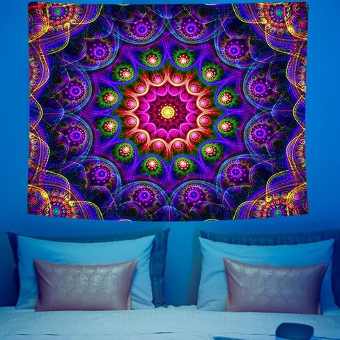 PSYHILAR Blacklight Trippy Mandala Tapestry, Boho Black Light Posters for Adults UV Reactive Room Decor for Bedroom Wall (60 x 50 Inches) in Saudi Arabia
