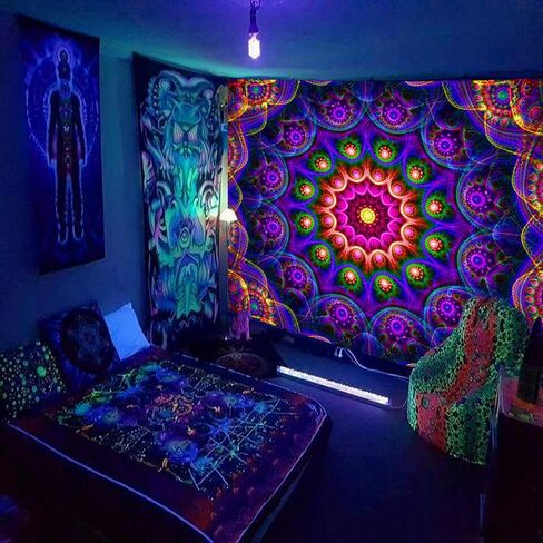 PSYHILAR Blacklight Trippy Mandala Tapestry, Boho Black Light Posters for Adults UV Reactive Room Decor for Bedroom Wall (60 x 50 Inches) in Saudi Arabia