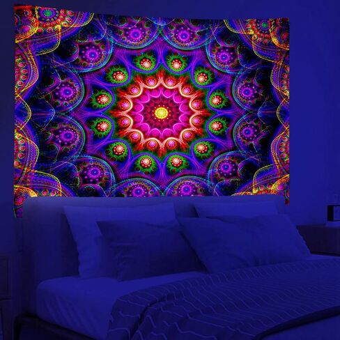 PSYHILAR Blacklight Trippy Mandala Tapestry, Boho Black Light Posters for Adults UV Reactive Room Decor for Bedroom Wall (60 x 50 Inches) in Saudi Arabia