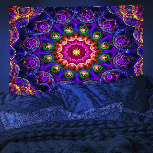 PSYHILAR Blacklight Trippy Mandala Tapestry, Boho Black Light Posters for Adults UV Reactive Room Decor for Bedroom Wall (60 x 50 Inches) in Saudi Arabia