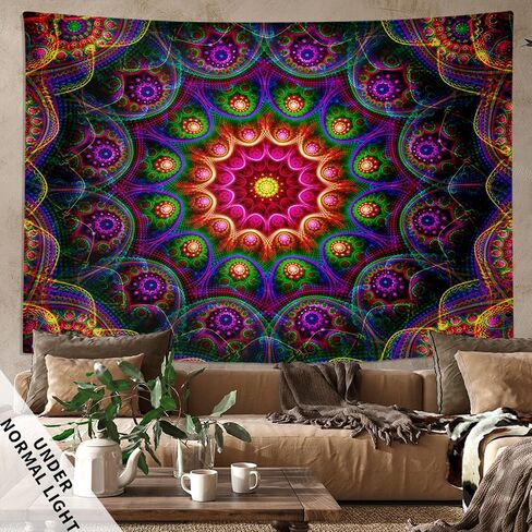 PSYHILAR Blacklight Trippy Mandala Tapestry, Boho Black Light Posters for Adults UV Reactive Room Decor for Bedroom Wall (60 x 50 Inches) in Saudi Arabia