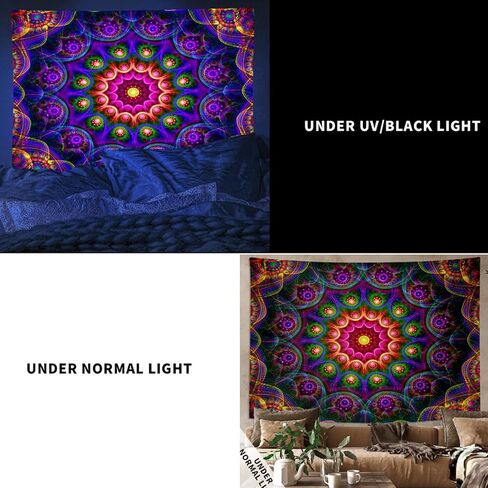 PSYHILAR Blacklight Trippy Mandala Tapestry, Boho Black Light Posters for Adults UV Reactive Room Decor for Bedroom Wall (60 x 50 Inches) in Saudi Arabia