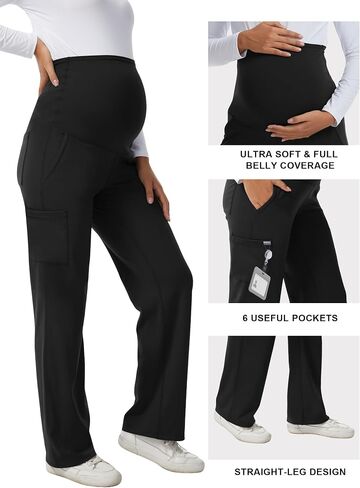Women's Maternity Scrub Pants with 6 Pockets, 4-Way Stretchy Straight Leg Pregnancy Workwear Pant in Saudi Arabia