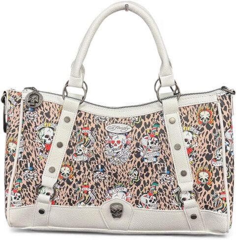 ED HARDY Women's Leopard Skull Satchel Handbag with Top Handles & Detachable White Crossbody Strap in Kuwait