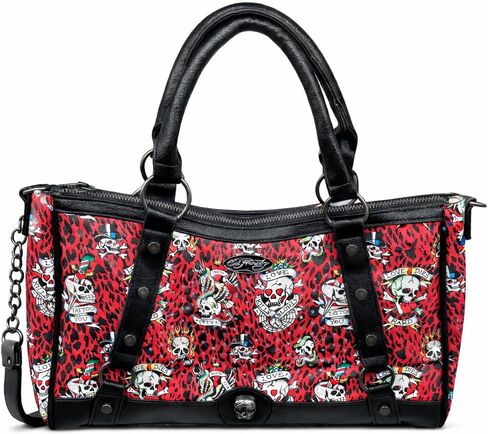 ED HARDY Women's Leopard Skull Satchel Handbag with Top Handles & Detachable White Crossbody Strap (Red Skull Print) in Kuwait