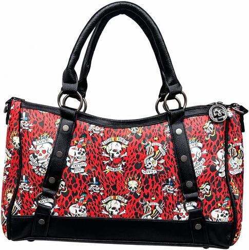 ED HARDY Women's Leopard Skull Satchel Handbag with Top Handles & Detachable White Crossbody Strap (Red Skull Print) in Kuwait