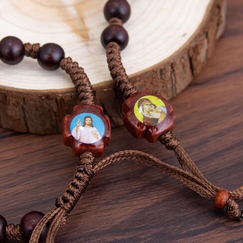Eastern Orthodox Wooden Prayer Bracelet Adjustable Rope-Braided Handmade Beaded Jewelry with Jesus and Mary Icon Decor for Religious Devotion in Saudi Arabia