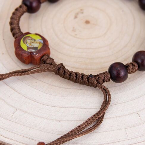 Eastern Orthodox Wooden Prayer Bracelet Adjustable Rope-Braided Handmade Beaded Jewelry with Jesus and Mary Icon Decor for Religious Devotion in Saudi Arabia