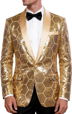 Men's Sparkling Gold Sequin Honeycomb Blazer for Wedding Prom Party Stage in Saudi Arabia