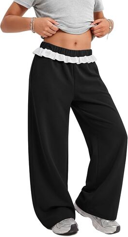 Girls Wide Leg Sweatpants Kids Athletic Ruffle Elastic Waist Pants Casual Baggy Joggers 5-14 Years in Saudi Arabia