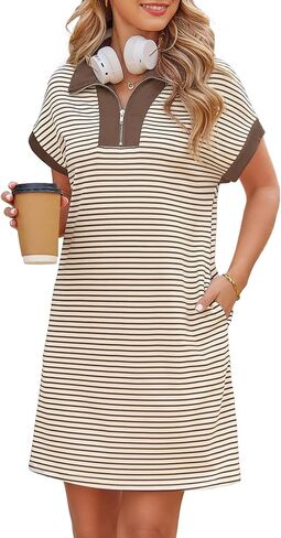 Kikibell Womens Half Zipper Striped Mini Dress Casual Collared V Neck Short Sleeve Knit Shift Dresses with Pockets in Saudi Arabia