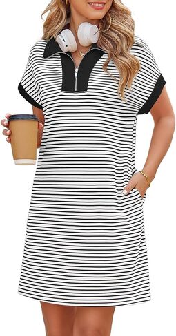 Kikibell Womens Half Zipper Striped Mini Dress Casual Collared V Neck Short Sleeve Knit Shift Dresses with Pockets in Saudi Arabia
