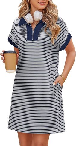 Kikibell Womens Half Zipper Striped Mini Dress Casual Collared V Neck Short Sleeve Knit Shift Dresses with Pockets in Saudi Arabia