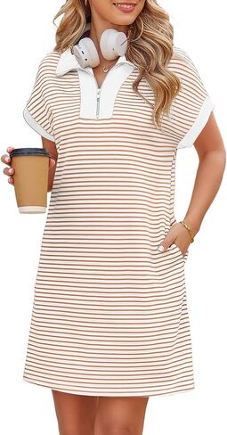 Kikibell Womens Half Zipper Striped Mini Dress Casual Collared V Neck Short Sleeve Knit Shift Dresses with Pockets in Saudi Arabia