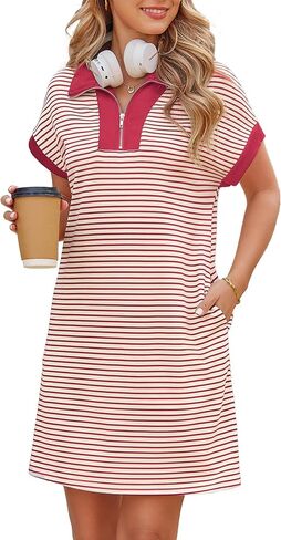 Kikibell Womens Half Zipper Striped Mini Dress Casual Collared V Neck Short Sleeve Knit Shift Dresses with Pockets in Saudi Arabia
