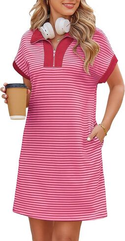 Kikibell Womens Half Zipper Striped Mini Dress Casual Collared V Neck Short Sleeve Knit Shift Dresses with Pockets in Saudi Arabia