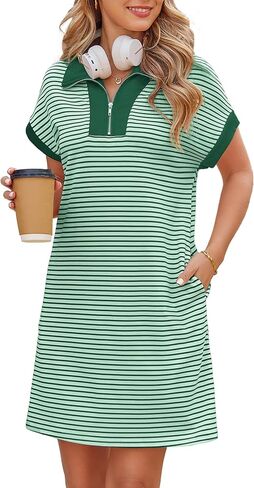 Kikibell Womens Half Zipper Striped Mini Dress Casual Collared V Neck Short Sleeve Knit Shift Dresses with Pockets in Saudi Arabia