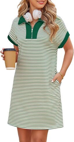 Kikibell Womens Half Zipper Striped Mini Dress Casual Collared V Neck Short Sleeve Knit Shift Dresses with Pockets in Saudi Arabia