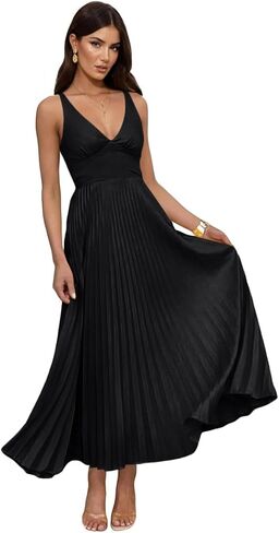 Women's Pleated Bridesmaid Dresses for Wedding V Neck Adjustable Straps Maxi Formal Party Dress in Saudi Arabia