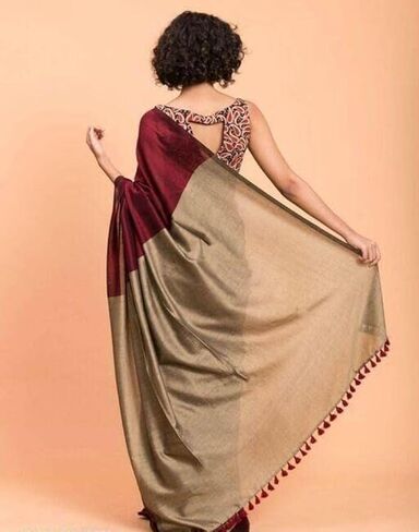 Women's Designer White Indian Handloom Ethnic Cotton Saree With Tassels Unstitched Blouse Piece. (Maroon-Golden) in Kuwait