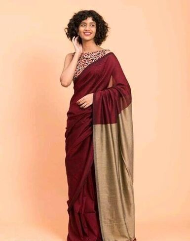 Women's Designer White Indian Handloom Ethnic Cotton Saree With Tassels Unstitched Blouse Piece. (Maroon-Golden) in Kuwait