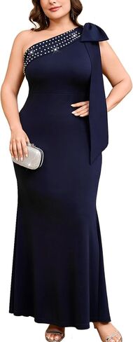 Plus Size One Shoulder Mermaid Evening Gown with Statement Bow Rhinestone Formal Dress Party Gala Wedding Guest in Kuwait