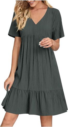 Summer Dresses for Women Short Sleeve V Neck Mini Dress Pleated Ruffle Flowy Beach Sundresses 2026 Vacation Outfits in Saudi Arabia
