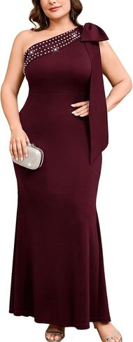 Plus Size One Shoulder Mermaid Evening Gown with Statement Bow Rhinestone Formal Dress Party Gala Wedding Guest in Kuwait