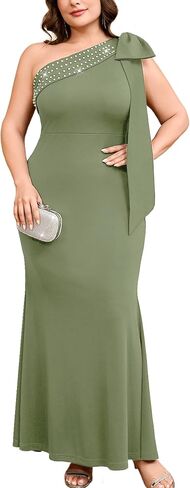 Plus Size One Shoulder Mermaid Evening Gown with Statement Bow Rhinestone Formal Dress Party Gala Wedding Guest in Kuwait