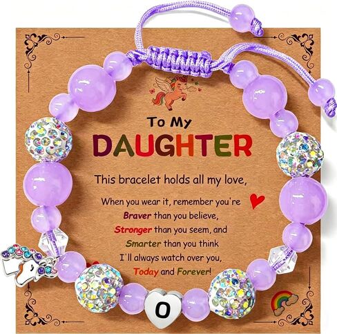 To My Daughter Unicorn Initial A-Z Bracelet for Girls, Braided Bracelet with White Ceramic Unicorn & Stainless Steel Heart Initial, Glass Bead Bracelet in Premium Silver Gift Box, Adjustable Jewelry in Kuwait