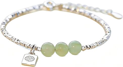 LRESJJIUJ Hotan Jade Beads Bracelet Pure Silver Hetian Jade Fu Pendant Beaded Bracelet - Stylish and Elegant Lucky Jewelry Green Jade Good Fortune Fu Symbol Dainty in Kuwait