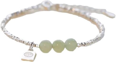 LRESJJIUJ Hotan Jade Beads Bracelet Pure Silver Hetian Jade Fu Pendant Beaded Bracelet - Stylish and Elegant Lucky Jewelry Green Jade Good Fortune Fu Symbol Dainty in Kuwait