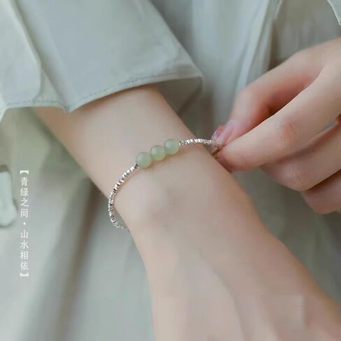 LRESJJIUJ Hotan Jade Beads Bracelet Pure Silver Hetian Jade Fu Pendant Beaded Bracelet - Stylish and Elegant Lucky Jewelry Green Jade Good Fortune Fu Symbol Dainty in Kuwait