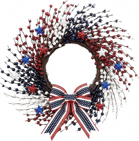 20 Inch 250th Celebration Patriotic Wreath, 4th of July Pip Berry Grapevine Wreath with Red & Blue Stars, Red White Blue Berries, DIY Bow Attachment for Independence Day Porch & Door Decor in Saudi Arabia