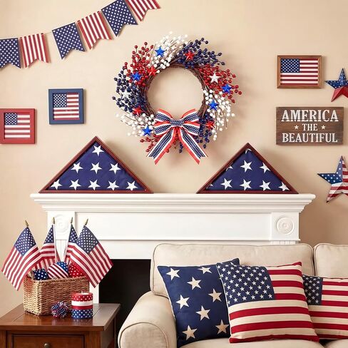 20 Inch 250th Celebration Patriotic Wreath, 4th of July Pip Berry Grapevine Wreath with Red & Blue Stars, Red White Blue Berries, DIY Bow Attachment for Independence Day Porch & Door Decor in Saudi Arabia