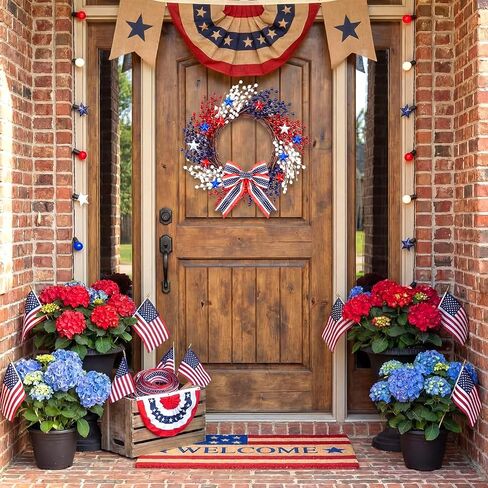 20 Inch 250th Celebration Patriotic Wreath, 4th of July Pip Berry Grapevine Wreath with Red & Blue Stars, Red White Blue Berries, DIY Bow Attachment for Independence Day Porch & Door Decor in Saudi Arabia
