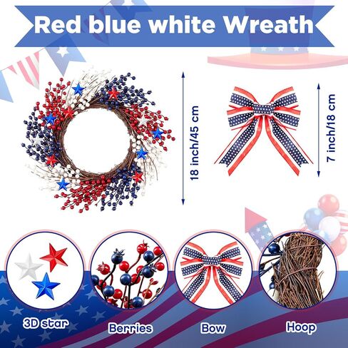 20 Inch 250th Celebration Patriotic Wreath, 4th of July Pip Berry Grapevine Wreath with Red & Blue Stars, Red White Blue Berries, DIY Bow Attachment for Independence Day Porch & Door Decor in Saudi Arabia