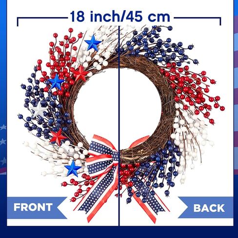 20 Inch 250th Celebration Patriotic Wreath, 4th of July Pip Berry Grapevine Wreath with Red & Blue Stars, Red White Blue Berries, DIY Bow Attachment for Independence Day Porch & Door Decor in Saudi Arabia