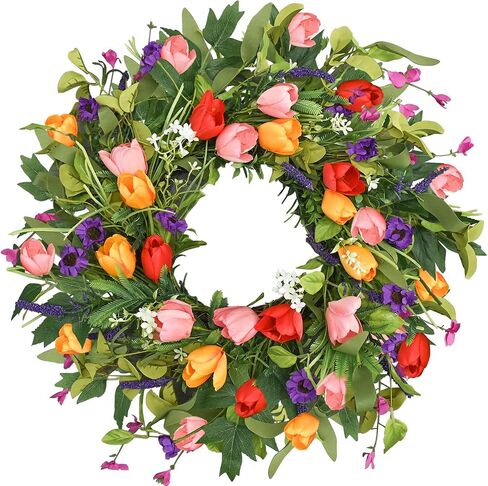 Qingbei Rina Spring Wreaths for Front Door, 22 Inch Door Wreath for Decorating with Colorful Tulip, Lavender and Eucalyptus, Indoor Outdoor Floral Wreath Party Farmhouse Wedding Home Decor in Kuwait