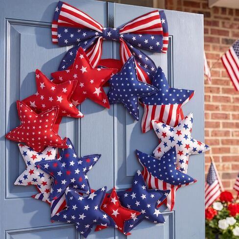 Suncalla 4th of July Door Wreath Patriotic Wreath 11.8 Inch Red White Blue Decoration Star 250th Anniversary Front Door Decoration with Bow for American Independence Day Decor in Kuwait