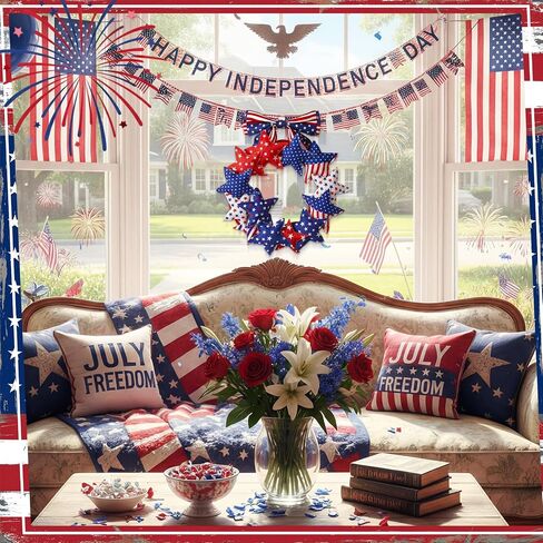 Suncalla 4th of July Door Wreath Patriotic Wreath 11.8 Inch Red White Blue Decoration Star 250th Anniversary Front Door Decoration with Bow for American Independence Day Decor in Kuwait