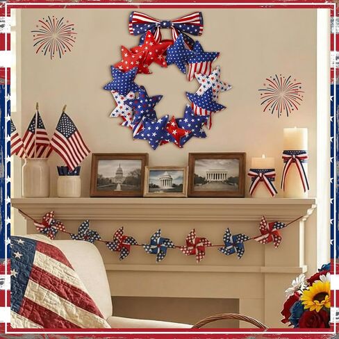 Suncalla 4th of July Door Wreath Patriotic Wreath 11.8 Inch Red White Blue Decoration Star 250th Anniversary Front Door Decoration with Bow for American Independence Day Decor in Kuwait