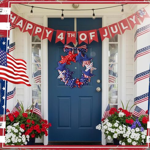 Suncalla 4th of July Door Wreath Patriotic Wreath 11.8 Inch Red White Blue Decoration Star 250th Anniversary Front Door Decoration with Bow for American Independence Day Decor in Kuwait