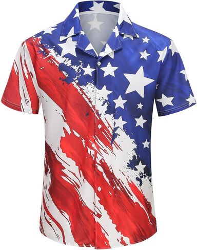 Colorful House Men American Flag Button up Shirt Short Sleeve Funny 4th of July Shirts for Independence Day in Kuwait